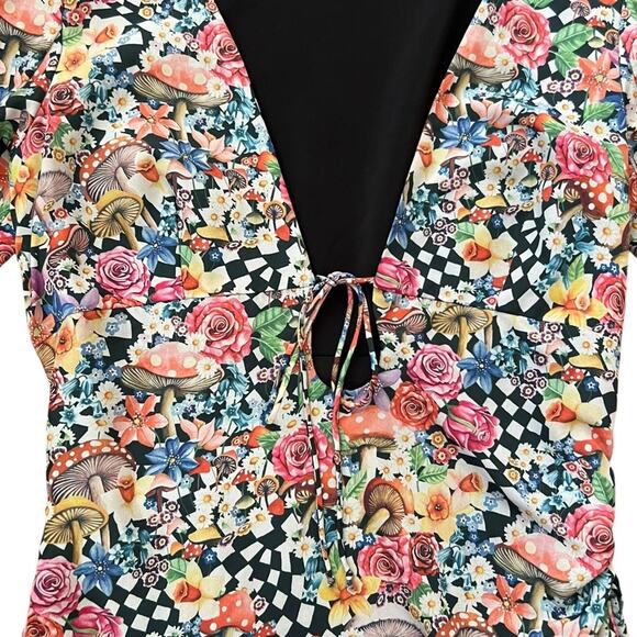 For Love & Lemons Womens June Bell Sleeve Black Checkerboard Mushroom Mini Dress - Picture 6 of 14